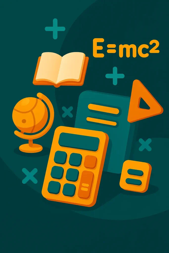 A dark teal background is filled with various orange school and science-related items. The items include a calculator, an open book, a globe, a compass, and a notebook. The formula "E=mc²" is prominently displayed at the top, along with plus and minus signs scattered across the background.