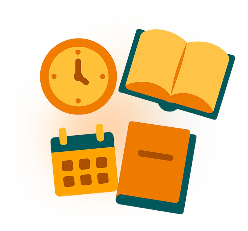 A set of stylized icons representing time management and education floats on a light gray background. The icons include a round clock with orange numbers and hands, an open book with yellow pages and a teal cover, a calendar with a yellow base and brown squares, and a notebook with an orange cover and a teal spine.