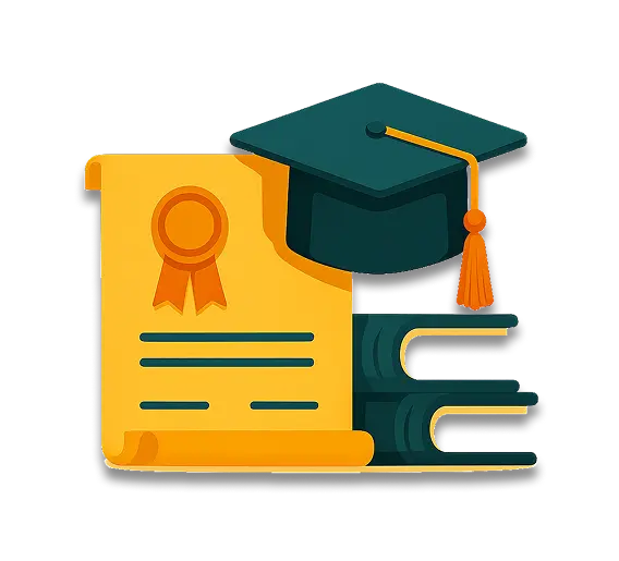 A diploma and graduation cap rest on a stack of books. The diploma is a yellow-orange scroll with a ribbon and seal. The graduation cap is teal with an orange tassel. The two books stacked underneath are also teal with white pages.