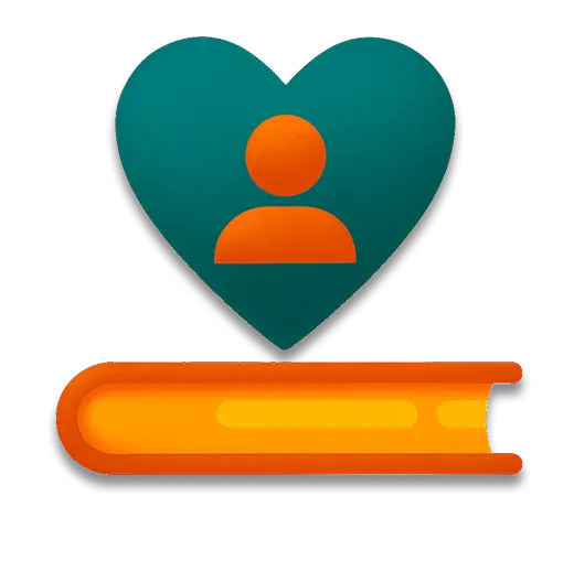 A teal heart with a simple orange person icon inside it sits above an orange book. The book's spine is facing forward.