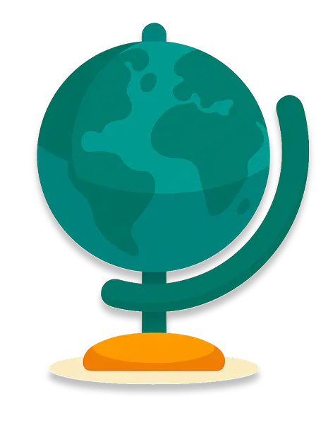 A simple, stylized drawing of a globe. The globe is a teal green color with darker teal continents. It sits on a bright orange base and is supported by a teal green stand.