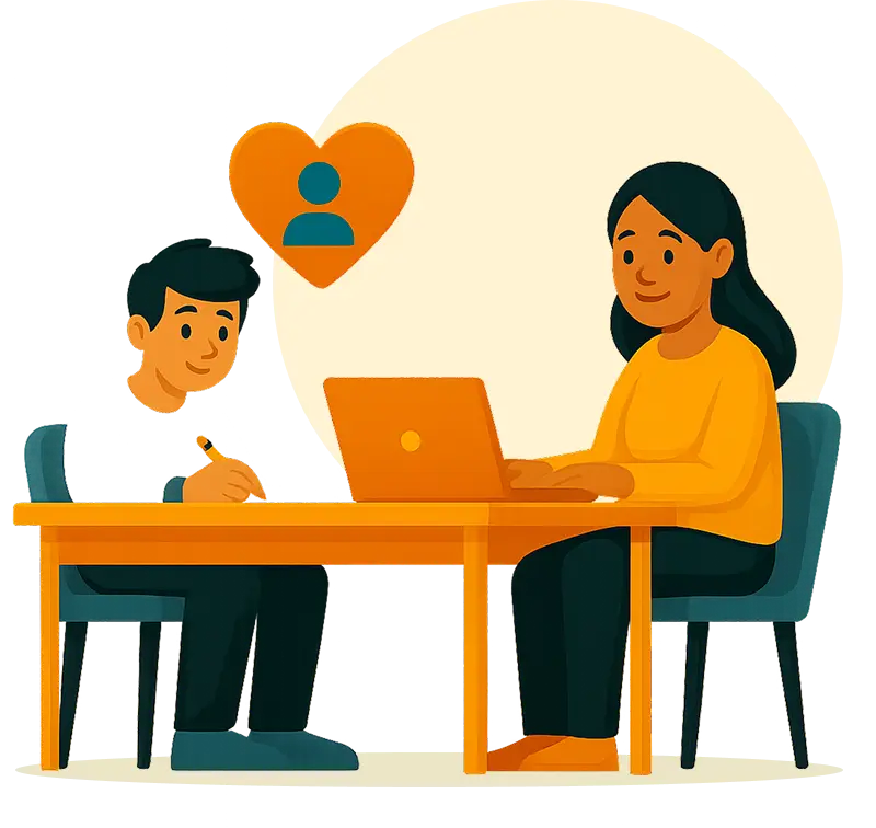 A man and woman sit together at a desk. The woman on the right is using an orange laptop, while the man on the left is writing on a piece of paper. The man is wearing a white shirt, and the woman is wearing a yellow shirt. Above them, a large orange heart with a teal person icon inside it is shown. A faint yellow circle glows behind the heart and the man.