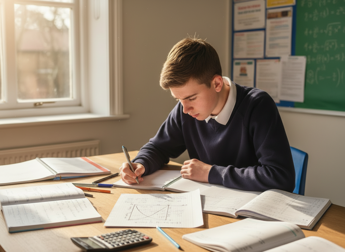 Student working on GCSE Maths past papers with tutor guidance