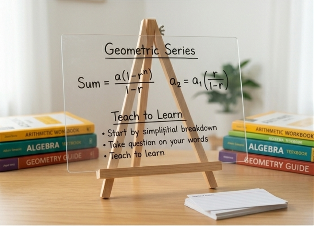 A confident student, Alex, explaining geometric series using active recall on a whiteboard, a key method for improving math skills.