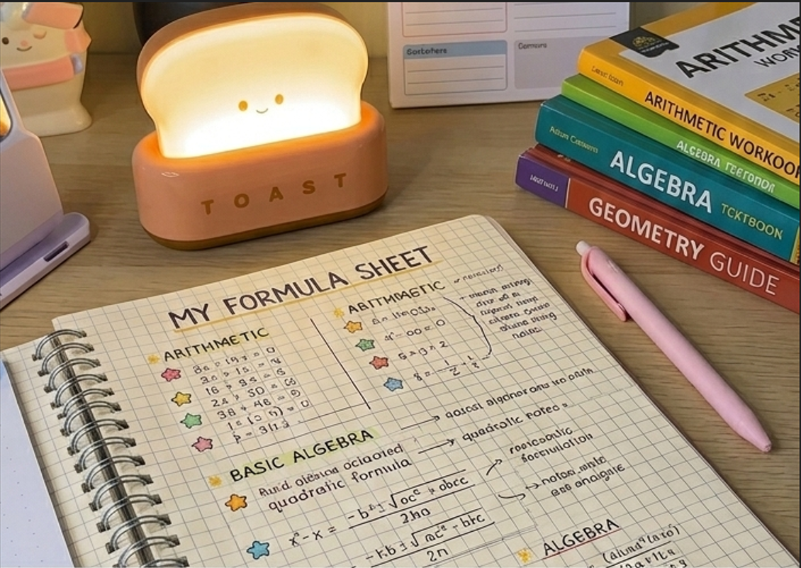 A structured notebook showing a personalized formula sheet with color-coded notes, a helpful tool for learning how to study mathematics effectively.
